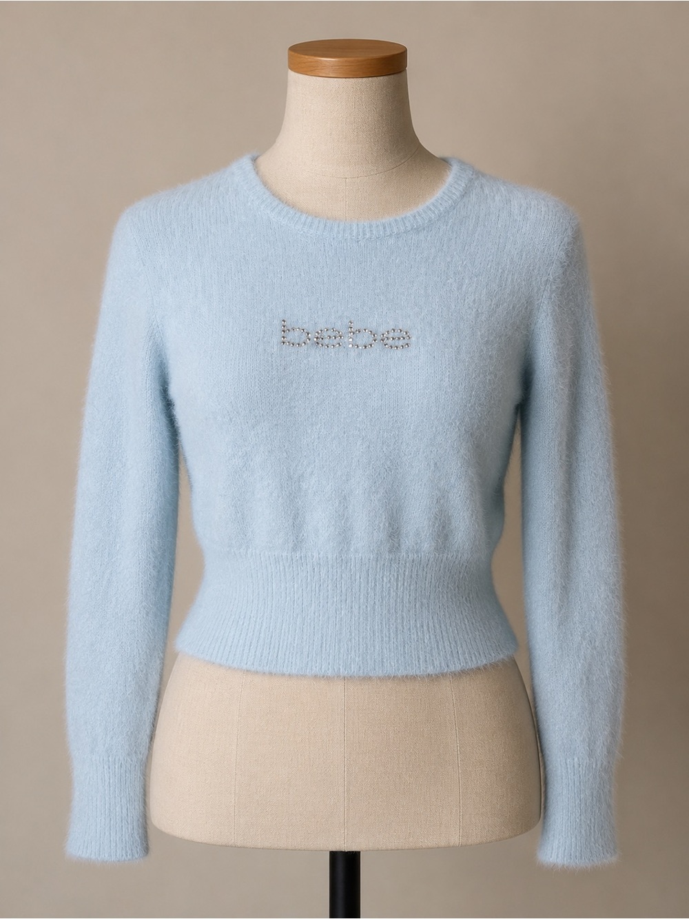 Bebe Women’s Medium Blue Fuzzy Knit Sweater Rhinestone Logo Y2K Long Sleeve
